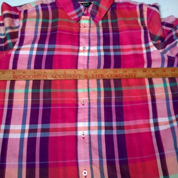 Lauren Ralph Lauren Blouse Shirt Women Medium Roll Tab Sleeve Pink Purple Plaid - Picture 5 of 15
